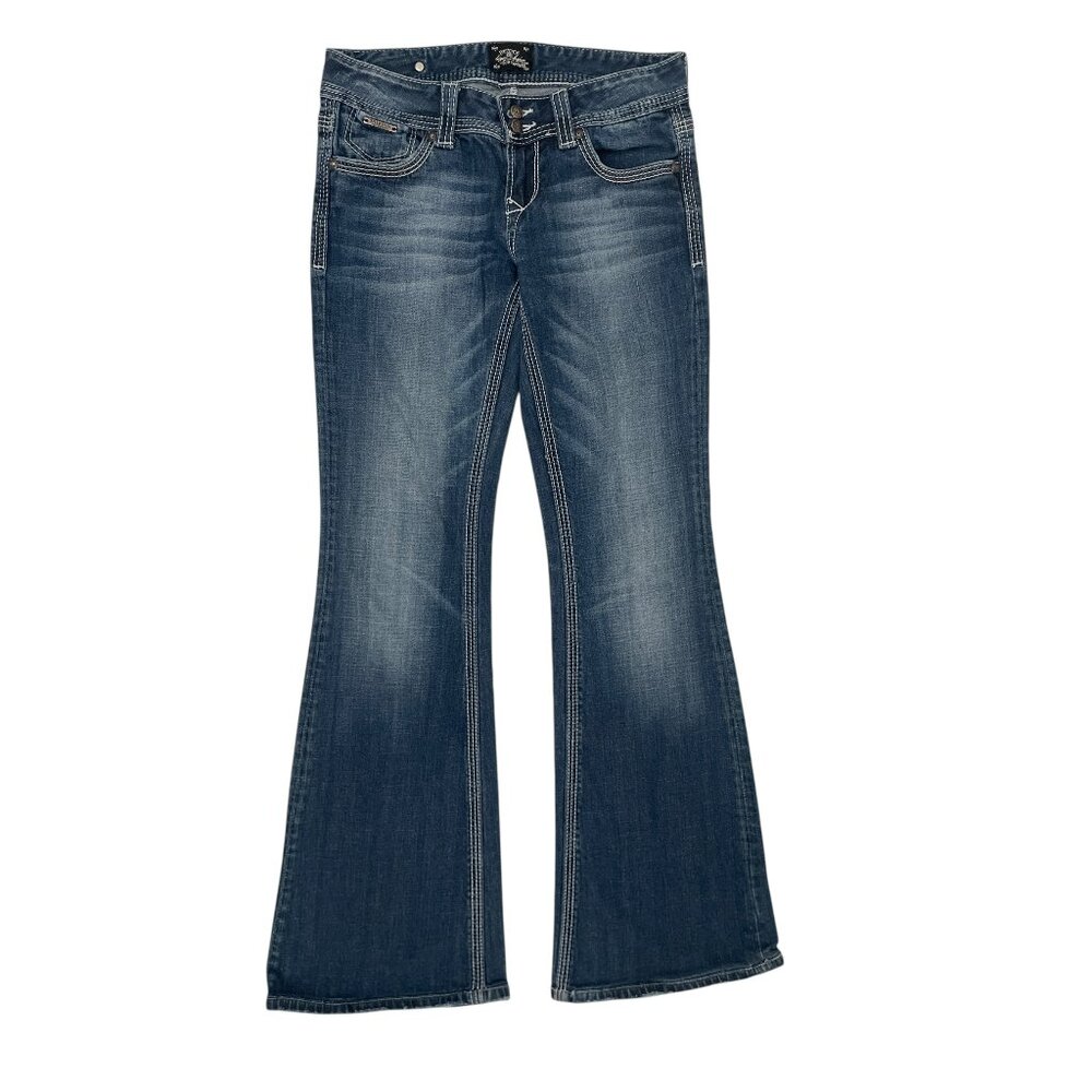 REROCK For Express Women’s Flare Cross Stitched Denim Jeans Size 4 x 32” Inseam